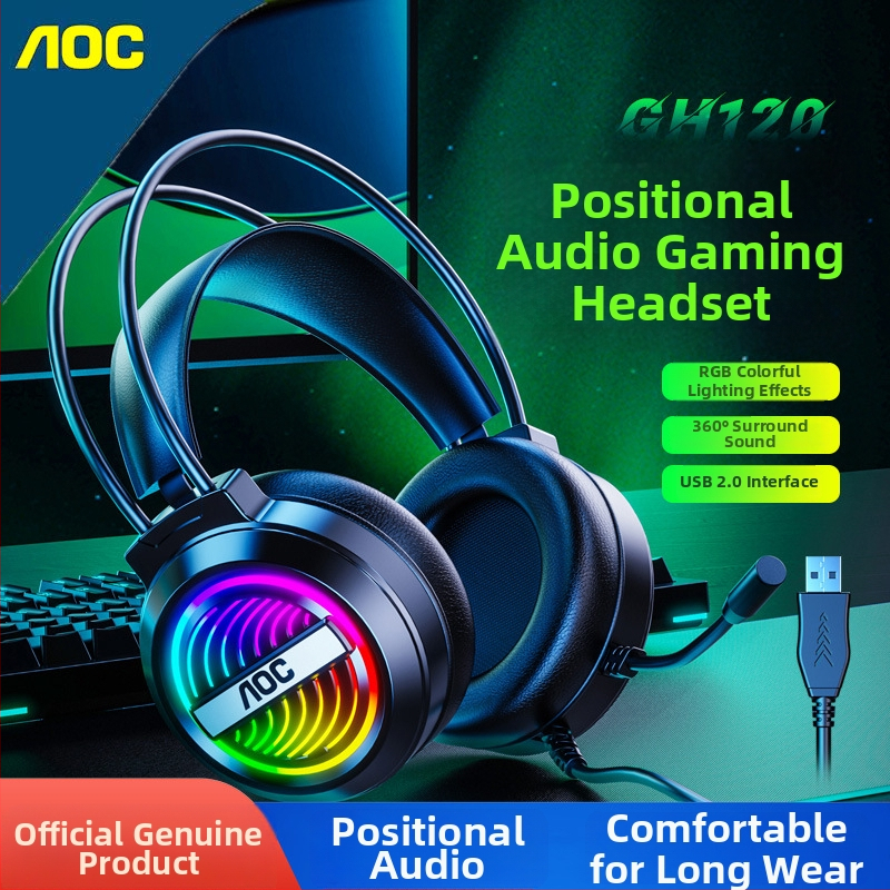 AOC GH120 Esports juhtmega USB mängukõrvaklapid PC jaoks, mikrofoniga, 40 mm draiverid, sagedusvahemik 20–20000 Hz, 2 m kaabel