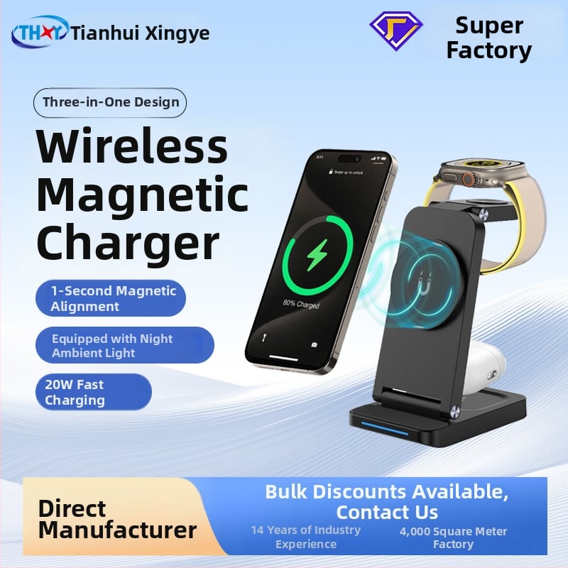 Αναδιπλούμενος μαγνητικός ασύρματος φορτιστής 3-σε-1 για smartwatch και iPhone, 15W