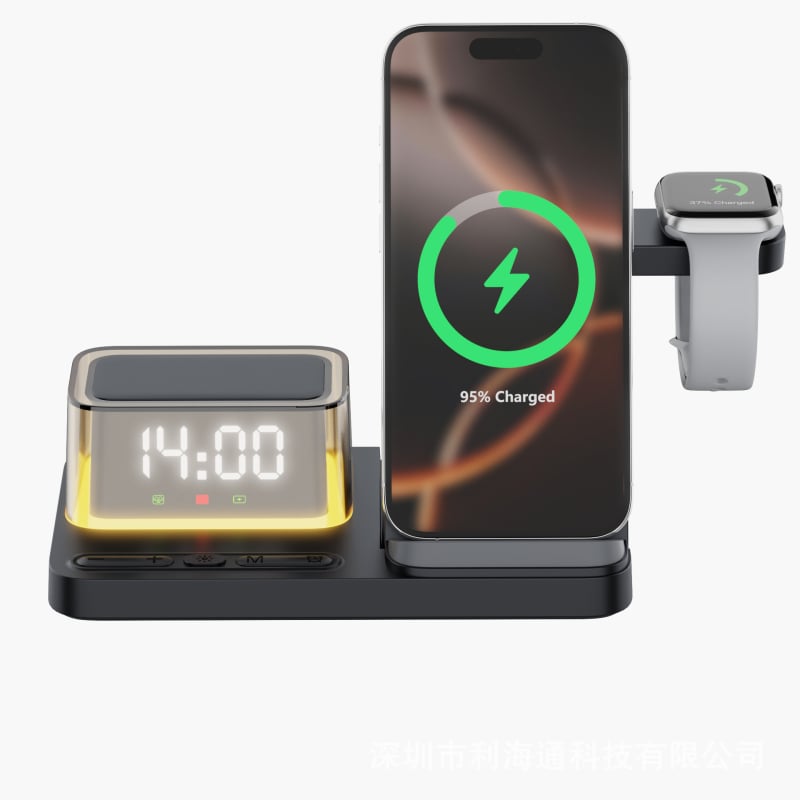 4 az 1-ben összecsukható vezeték nélküli töltő iPhone-hoz tartóval, éjjeli lámpa, óra és ébresztő (Qi 3.0, max. 15W töltés, 30W összteljesítmény, mágneses töltés, digitális kijelző)