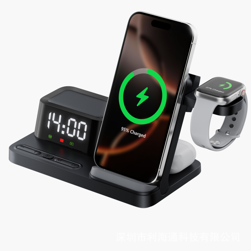 4 az 1-ben összecsukható vezeték nélküli töltő iPhone-hoz tartóval, éjjeli lámpa, óra és ébresztő (Qi 3.0, max. 15W töltés, 30W összteljesítmény, mágneses töltés, digitális kijelző)