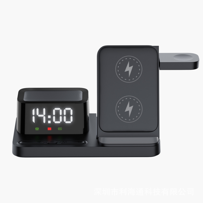4 az 1-ben összecsukható vezeték nélküli töltő iPhone-hoz tartóval, éjjeli lámpa, óra és ébresztő (Qi 3.0, max. 15W töltés, 30W összteljesítmény, mágneses töltés, digitális kijelző)