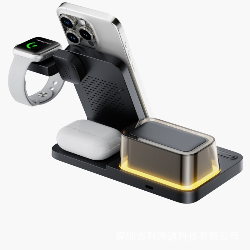 4 az 1-ben összecsukható vezeték nélküli töltő iPhone-hoz tartóval, éjjeli lámpa, óra és ébresztő (Qi 3.0, max. 15W töltés, 30W összteljesítmény, mágneses töltés, digitális kijelző)