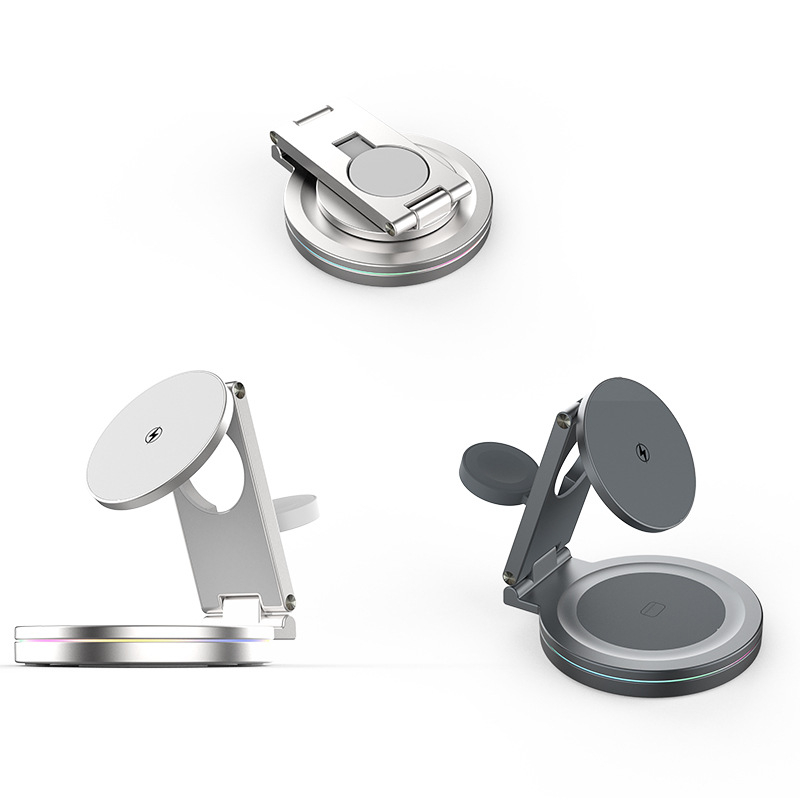 3-σε-1 Ασύρματος Φορτιστής, 15W Μαγνητική Γρήγορη Φόρτιση, Επιτραπέζιο Κράτημα με Περιστροφή 360°, Μεταλλικός Αναδιπλούμενος Σχεδιασμός