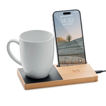 Încărcător wireless 2 în 1 cu ceașcă din bambus încălzitoare, 15W încărcare rapidă, QC 2.0