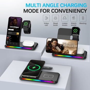 Încărcător wireless 3 în 1 vertical, 15W maxim, încărcare magnetică, pentru ceasuri și căști, cu lumină ambientală