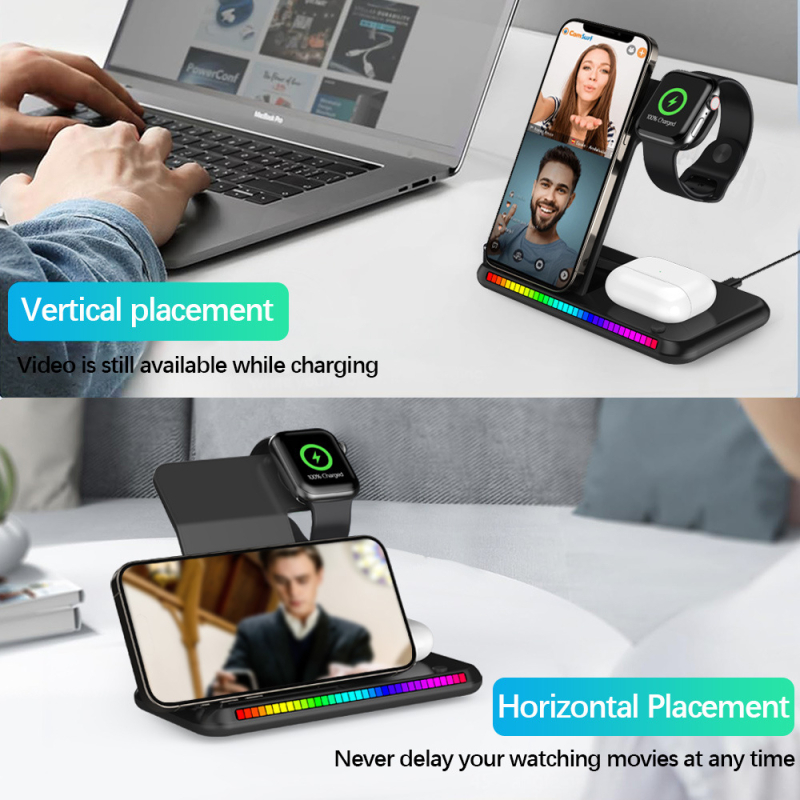 Încărcător wireless 3 în 1 vertical, 15W maxim, încărcare magnetică, pentru ceasuri și căști, cu lumină ambientală
