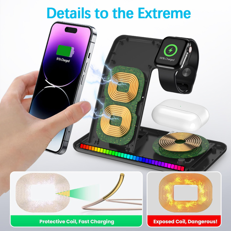 Încărcător wireless 3 în 1 vertical, 15W maxim, încărcare magnetică, pentru ceasuri și căști, cu lumină ambientală