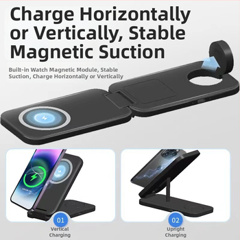 Skladací magnetický bezdrôtový nabíjač – 3v1 s nezávislými cievkami, súčasné nabíjanie viacerých zariadení (telefón 15W, hodinky 2,5W, slúchadlá 5W)