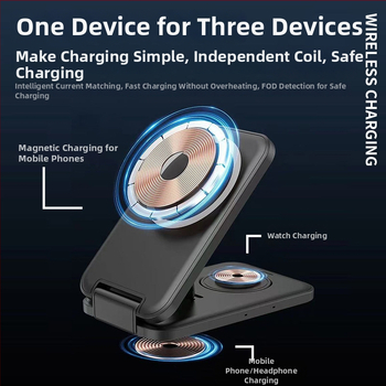 Skladací magnetický bezdrôtový nabíjač – 3v1 s nezávislými cievkami, súčasné nabíjanie viacerých zariadení (telefón 15W, hodinky 2,5W, slúchadlá 5W)