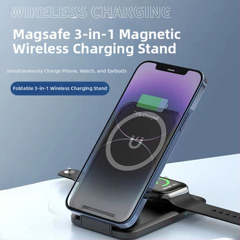 Skladací magnetický bezdrôtový nabíjač – 3v1 s nezávislými cievkami, súčasné nabíjanie viacerých zariadení (telefón 15W, hodinky 2,5W, slúchadlá 5W)
