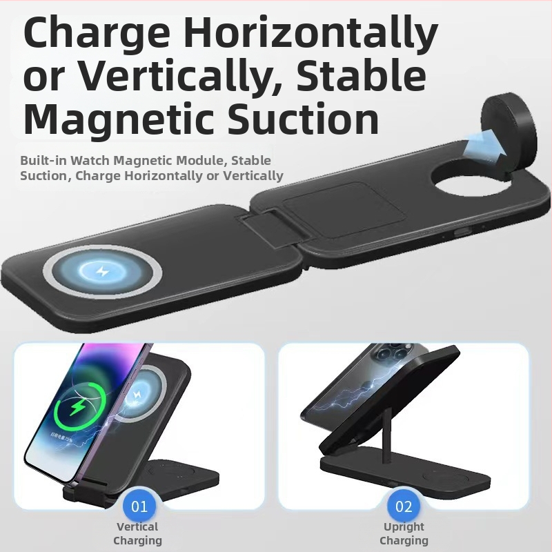 Skladací magnetický bezdrôtový nabíjač – 3v1 s nezávislými cievkami, súčasné nabíjanie viacerých zariadení (telefón 15W, hodinky 2,5W, slúchadlá 5W)