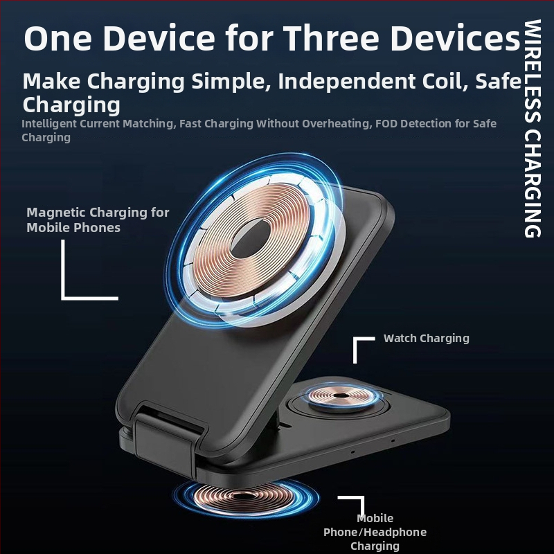 Skladací magnetický bezdrôtový nabíjač – 3v1 s nezávislými cievkami, súčasné nabíjanie viacerých zariadení (telefón 15W, hodinky 2,5W, slúchadlá 5W)