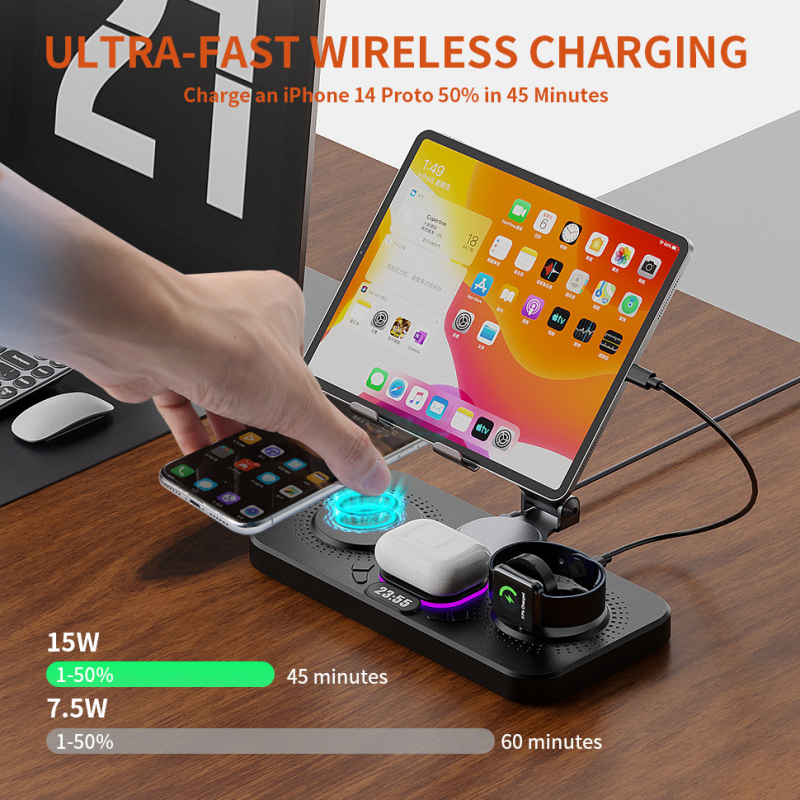 Încărcător wireless PD, ieșire 15W, putere totală 25W, pliabil, afișaj digital; încarcă telefoane, ceasuri și căști