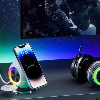 Încărcător wireless magnetic vertical, trei în unu pentru iPhone 15, 15W ieșire, 23W putere totală, încărcare rapidă QC3.0, iluminare ambientală RGB