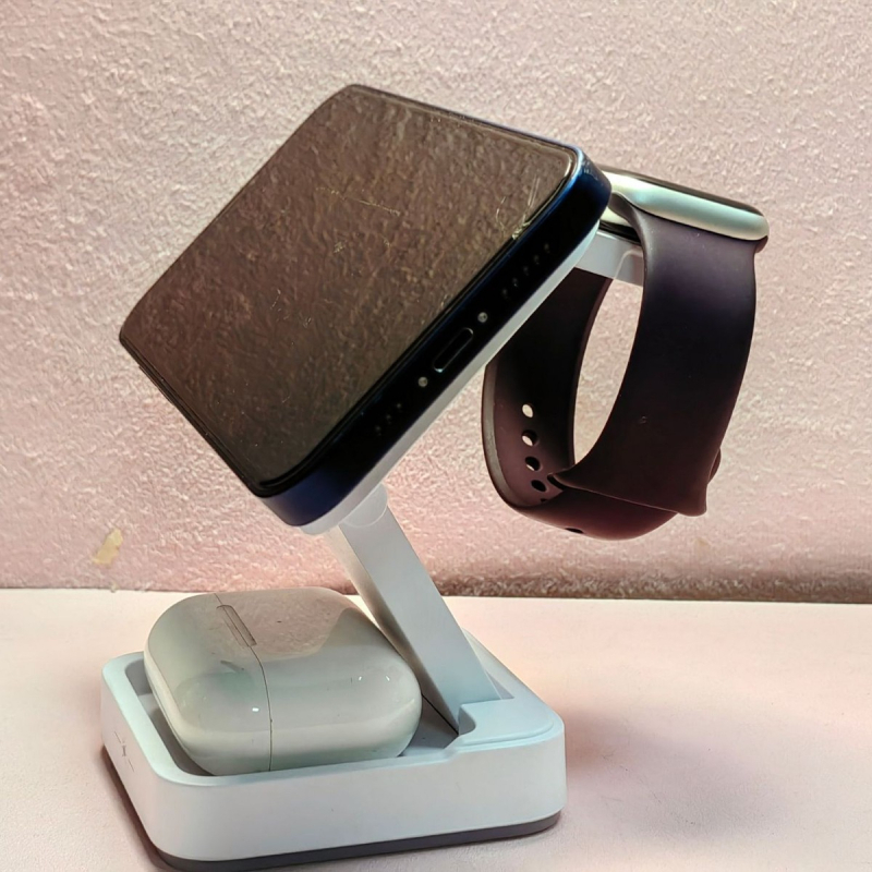 Stand de încărcare wireless magnetic 3 în 1 pliabil pentru ceas și căști — 15W, QC3.0, pliabil