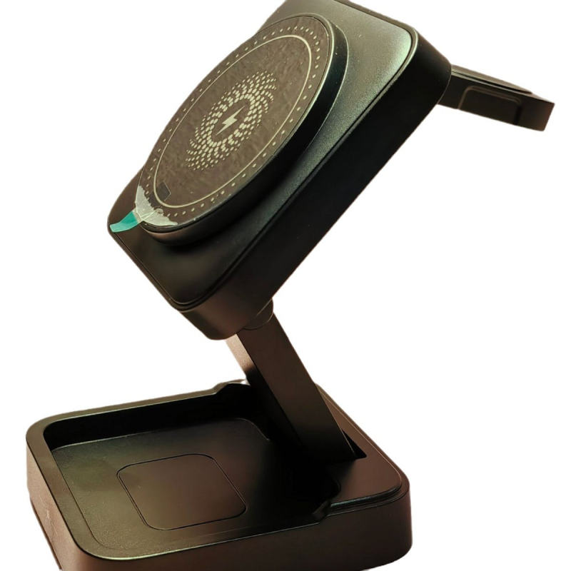 Stand de încărcare wireless magnetic 3 în 1 pliabil pentru ceas și căști — 15W, QC3.0, pliabil