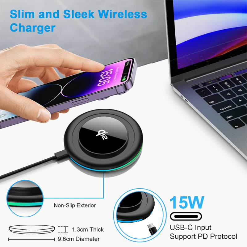 Qi2.2 ultratenký okrúhly bezdrôtový nabíjač, 25W, QC 4.0, 2A výstup, kompatibilný s Apple a Huawei