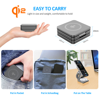 Încărcător wireless pliabil Qi2 3-în-1 pentru iPhone, căști și Apple Watch — 15W maxim, QC3.0, încărcare magnetică