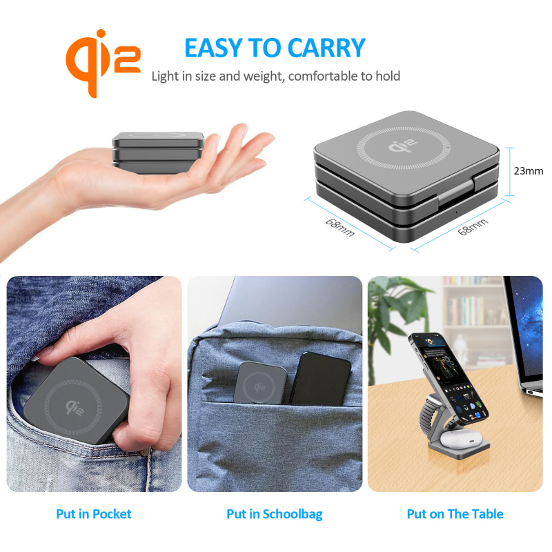 Încărcător wireless pliabil Qi2 3-în-1 pentru iPhone, căști și Apple Watch — 15W maxim, QC3.0, încărcare magnetică