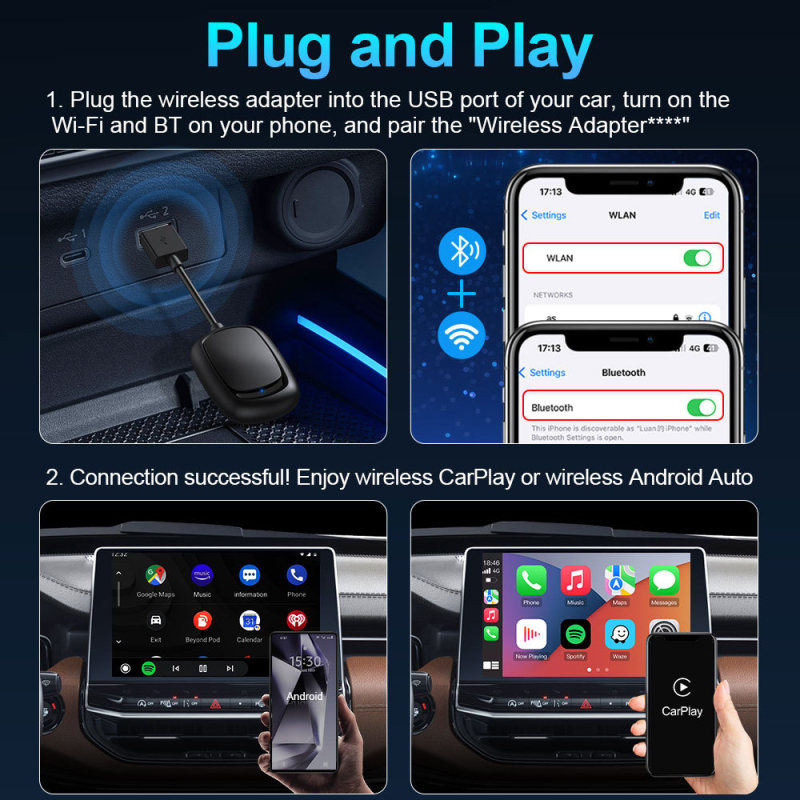 2-u-1 bežični CarPlay i Android Auto auto adapter, dvojezgreni CPU, 1GB RAM, 16GB ROM, USB sučelje