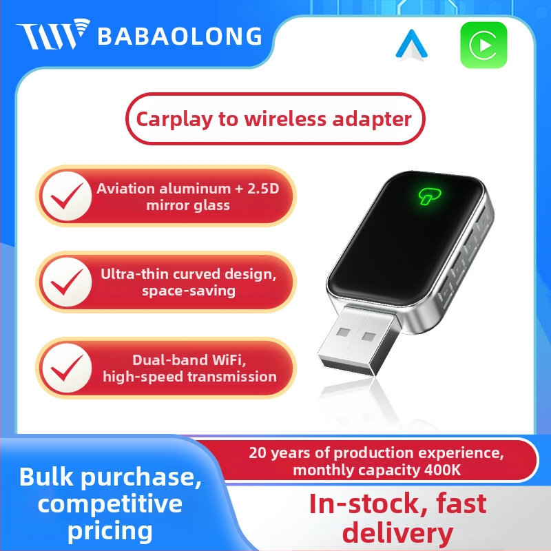 Bezdrôtový adaptér CarPlay do auta – model B17P, dvojjadrový CPU, Android OS, USB rozhranie, telo z leteckého hliníka