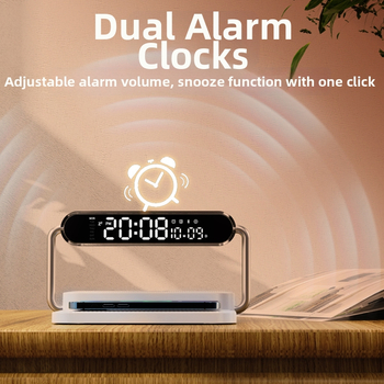 Memories M5 Inteligentný stolný bezdrôtový nabíjač s Bluetooth reproduktorom, nočnou lampou a digitálnym budíkom, 15W QC3.0 rýchle nabíjanie