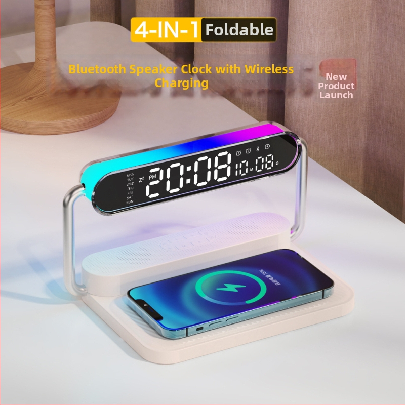 Memories M5 Inteligentný stolný bezdrôtový nabíjač s Bluetooth reproduktorom, nočnou lampou a digitálnym budíkom, 15W QC3.0 rýchle nabíjanie