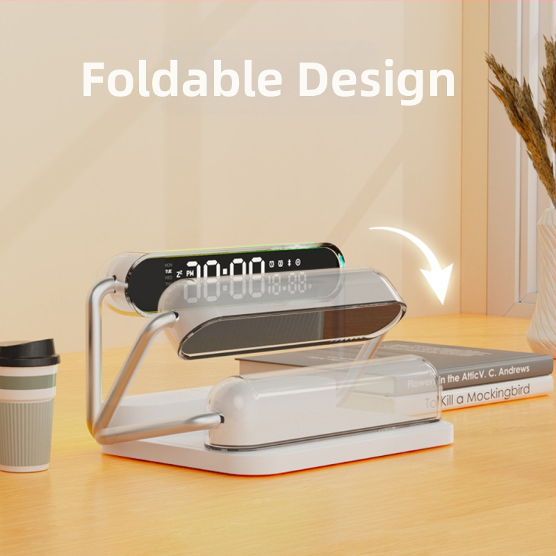 Memories M5 Inteligentný stolný bezdrôtový nabíjač s Bluetooth reproduktorom, nočnou lampou a digitálnym budíkom, 15W QC3.0 rýchle nabíjanie