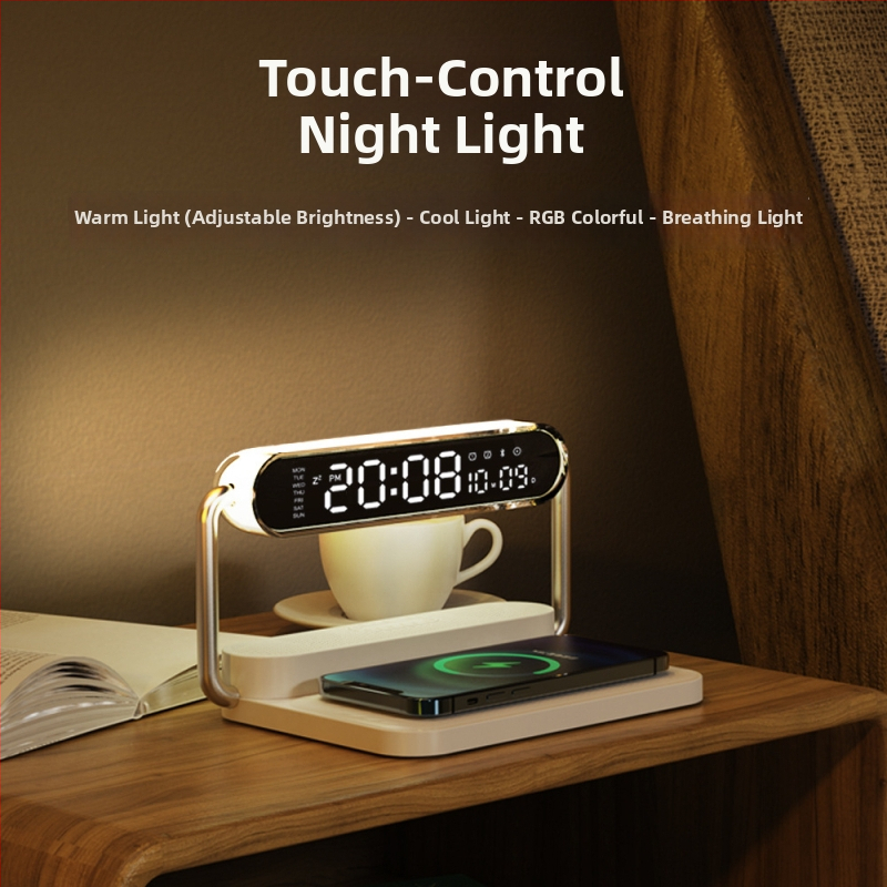 Memories M5 Inteligentný stolný bezdrôtový nabíjač s Bluetooth reproduktorom, nočnou lampou a digitálnym budíkom, 15W QC3.0 rýchle nabíjanie