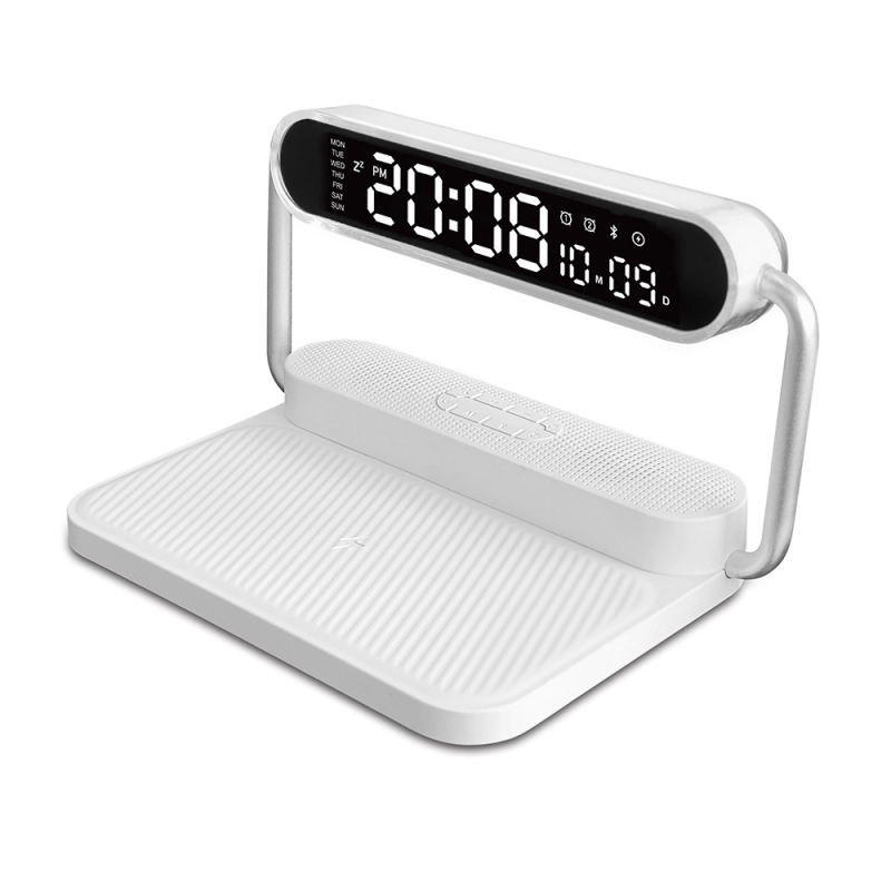 Memories M5 Inteligentný stolný bezdrôtový nabíjač s Bluetooth reproduktorom, nočnou lampou a digitálnym budíkom, 15W QC3.0 rýchle nabíjanie