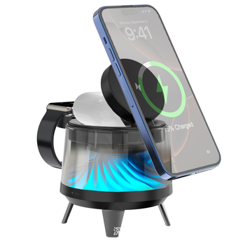 Tri u jednome bežični punjač s Bluetooth zvučnikom i RGB svjetlima, stolno brzo punjenje QC3.0 15W