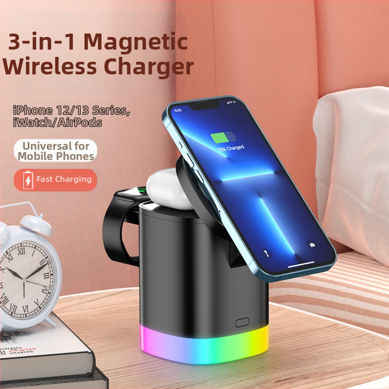3 v 1 magnetický bezdrôtový nabíjač pre Apple slúchadlá, hodinky a telefón – výstup 15W, celkový výkon 20W, QC 3.0