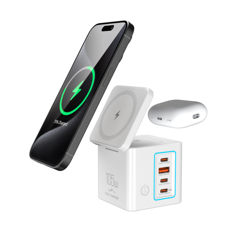 Încărcător magnetic fără fir de birou cu două porturi USB-C, 105W, stație de încărcare 6-în-1