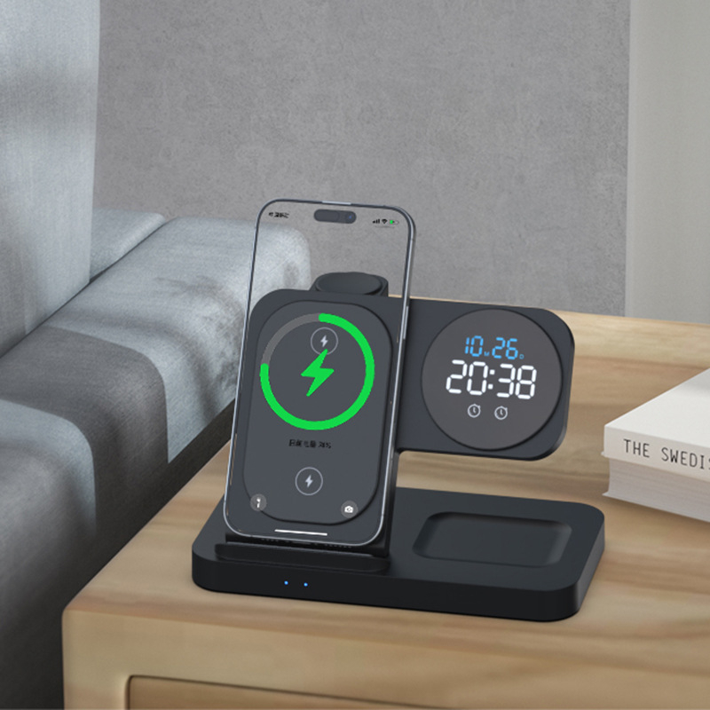 Bežični punjač u stilu sata za iPhone sa stalkom, 15W PD brzo bežično punjenje, USB-C ulaz, magnetsko punjenje