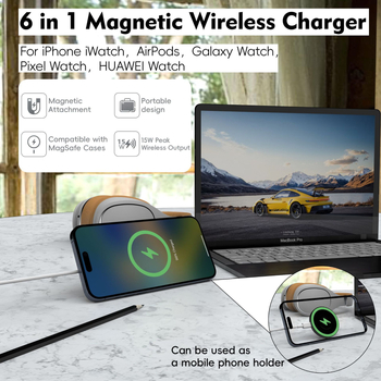 Încărcător wireless 6 în 1 cu suport pentru telefon – PD, încărcare magnetică, 15W, 2A