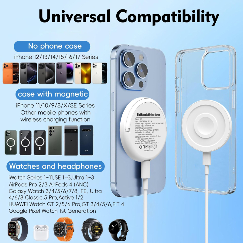 Încărcător wireless 6 în 1 cu suport pentru telefon – PD, încărcare magnetică, 15W, 2A