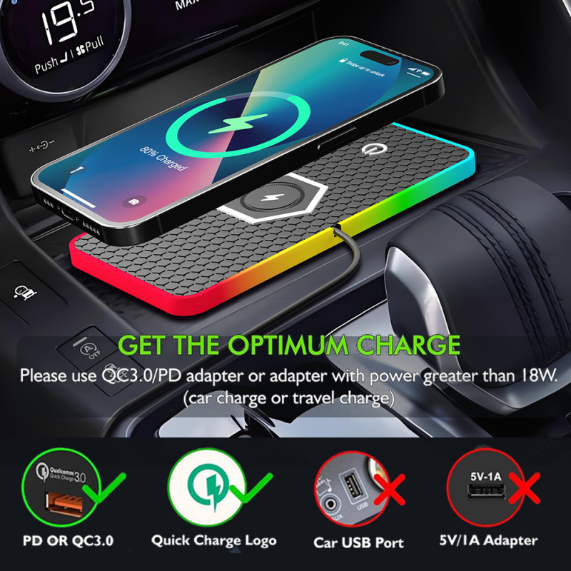 Automobilski bežični punjač za mobitel s RGB ambijentalnim svjetlom i protukliznom podlogom – maksimalna izlazna snaga 15W, QC 3.0, izlaz 2A