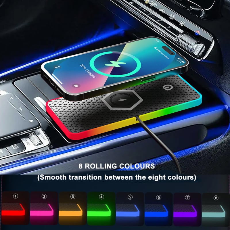 Automobilski bežični punjač za mobitel s RGB ambijentalnim svjetlom i protukliznom podlogom – maksimalna izlazna snaga 15W, QC 3.0, izlaz 2A