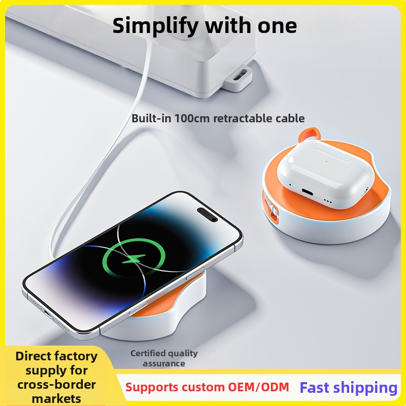 Ασύρματος φορτιστής με ενσωματωμένο αναδιπλούμενο καλώδιο για Apple, Samsung και άλλες συσκευές – 15W PD, 2A