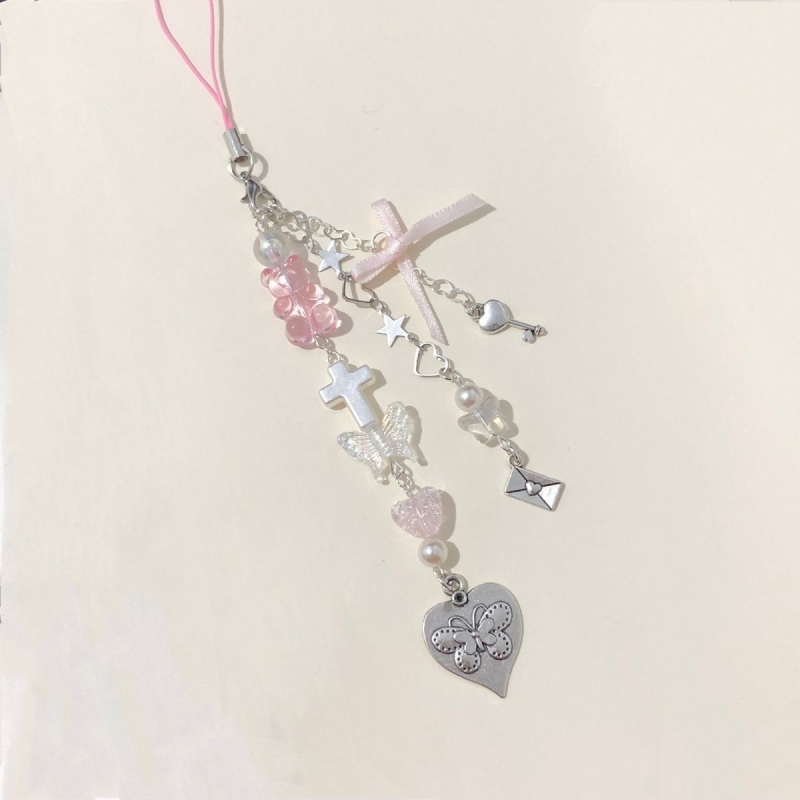 Lanac za mobitel s privjeskom srce-leptir, plast/smola, uzorak: medvjed / malo prase / mala životinja, sladak stil, proljeće 2024