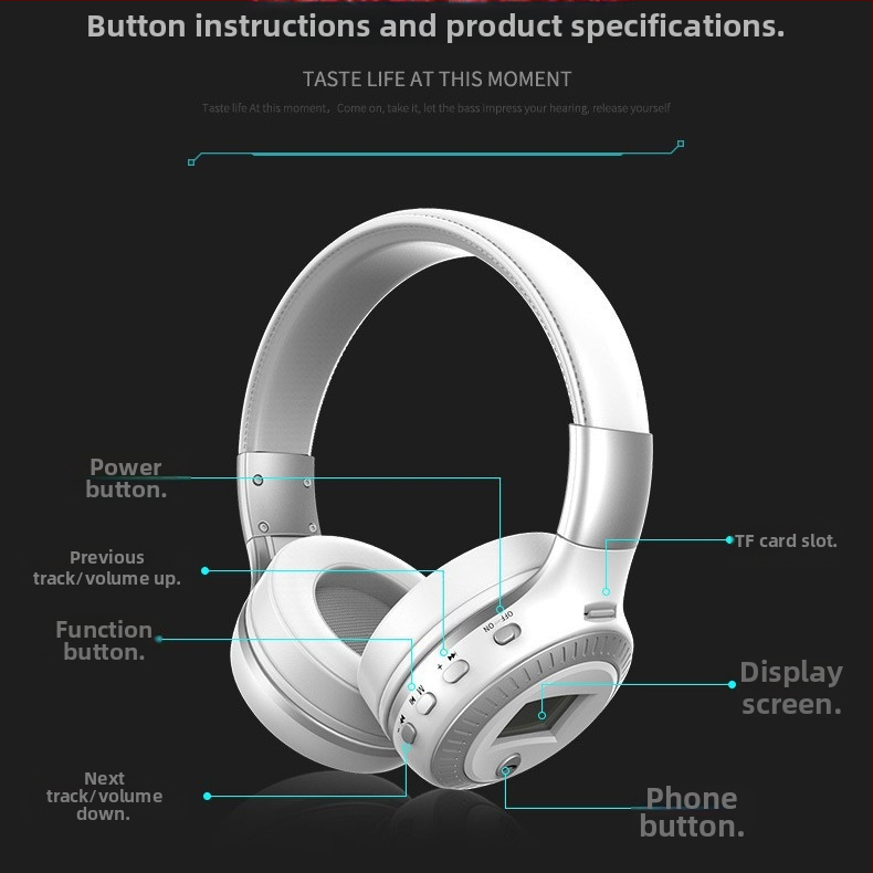 Stereo bežične Bluetooth slušalice s digitalnim zaslonom — redukcija buke, domet 10 m, Bluetooth 5.0, na glavi, stereo