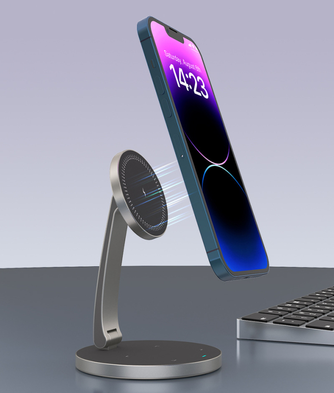 Suport de birou cu încărcare wireless magnetică 2 în 1 pentru dispozitive Apple, aliaj de aluminiu