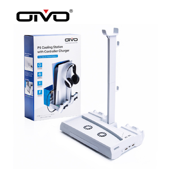 PS5 охлаждаща база за конзола с двойно зареждане на контролери, съхранение на карти и дискове, стойка за слушалки