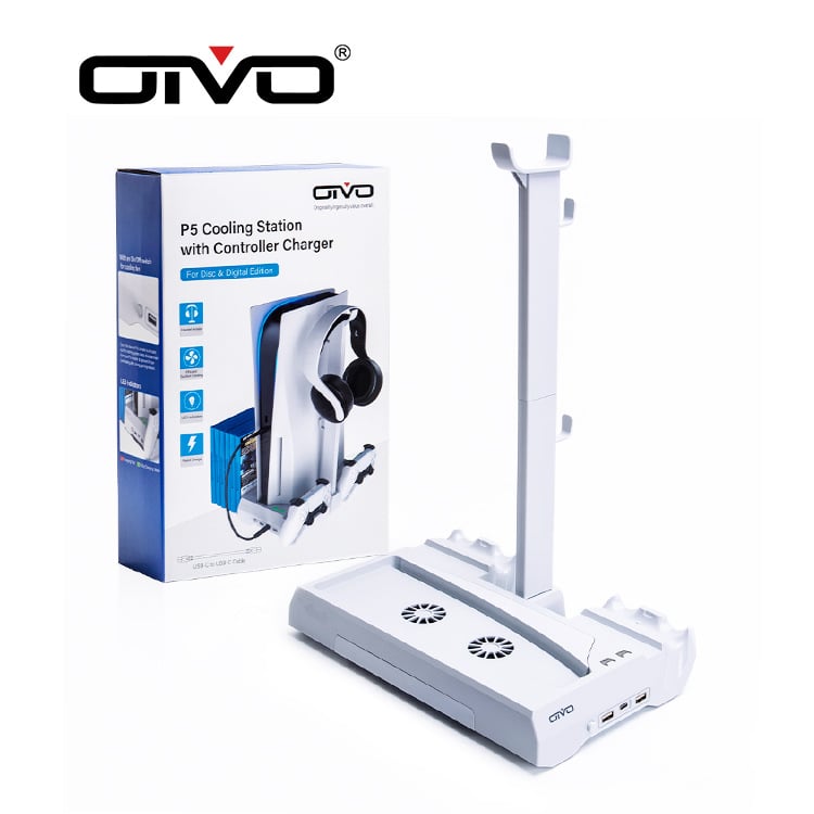 PS5 охлаждаща база за конзола с двойно зареждане на контролери, съхранение на карти и дискове, стойка за слушалки