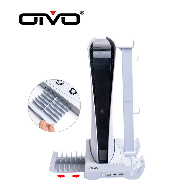 PS5 охлаждаща база за конзола с двойно зареждане на контролери, съхранение на карти и дискове, стойка за слушалки