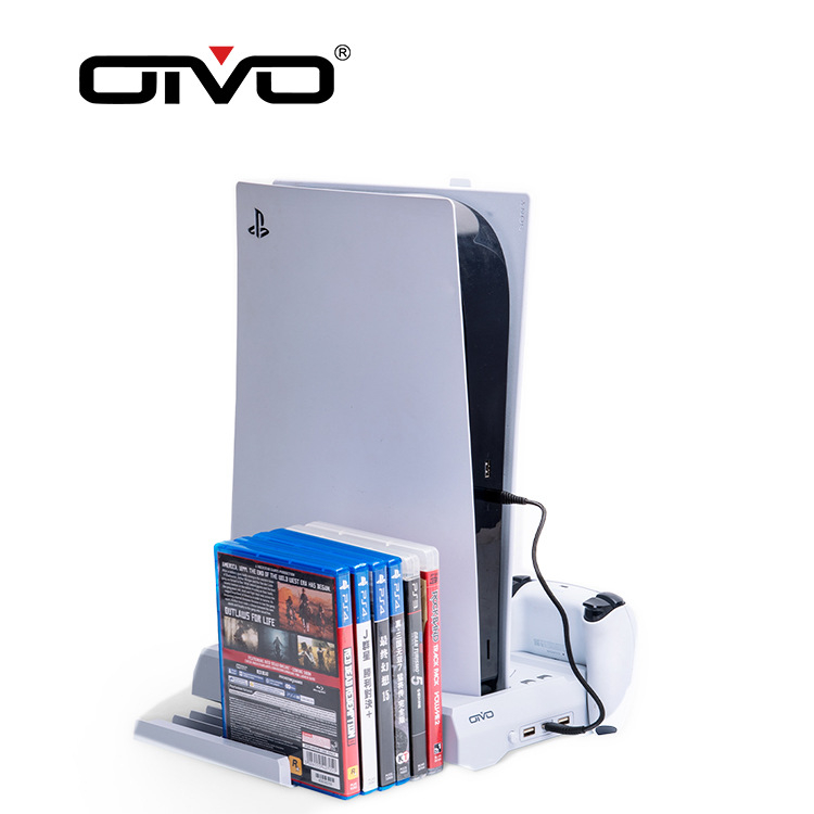 PS5 охлаждаща база за конзола с двойно зареждане на контролери, съхранение на карти и дискове, стойка за слушалки