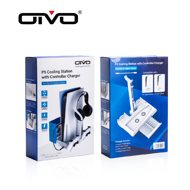 PS5 охлаждаща база за конзола с двойно зареждане на контролери, съхранение на карти и дискове, стойка за слушалки