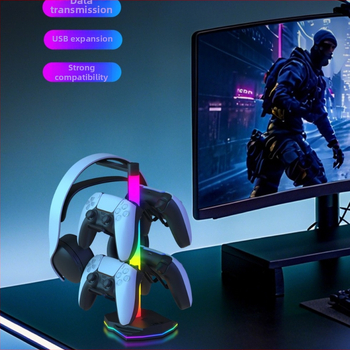 Držiak na PS5 ovládač a slúchadlá s USB rozhraním, ABS materiálom a RGB ambientným svetlom
