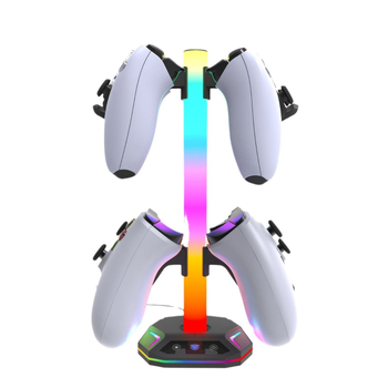 RGB осветена 4-в-1 стойка за дисплей за контролери PS4/PS5/Xbox/Switch и слушалки; ABS корпус; премахващ се USB порт за зареждане.