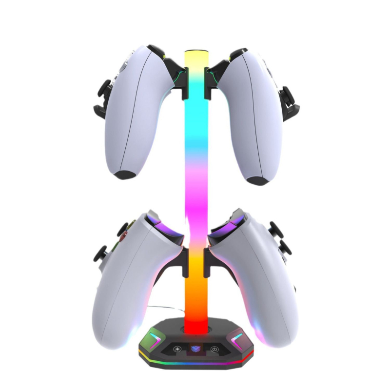 RGB осветена 4-в-1 стойка за дисплей за контролери PS4/PS5/Xbox/Switch и слушалки; ABS корпус; премахващ се USB порт за зареждане.